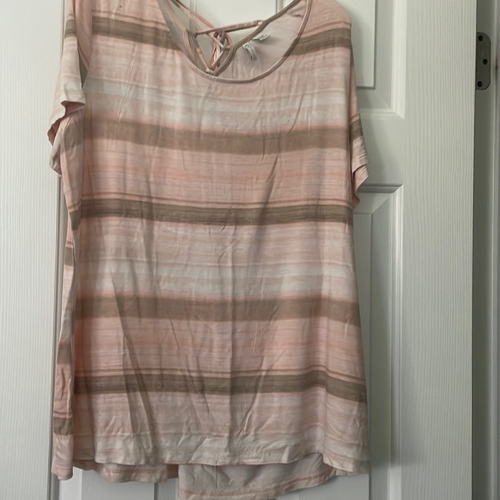 Pink, white and beige stripe shirt.